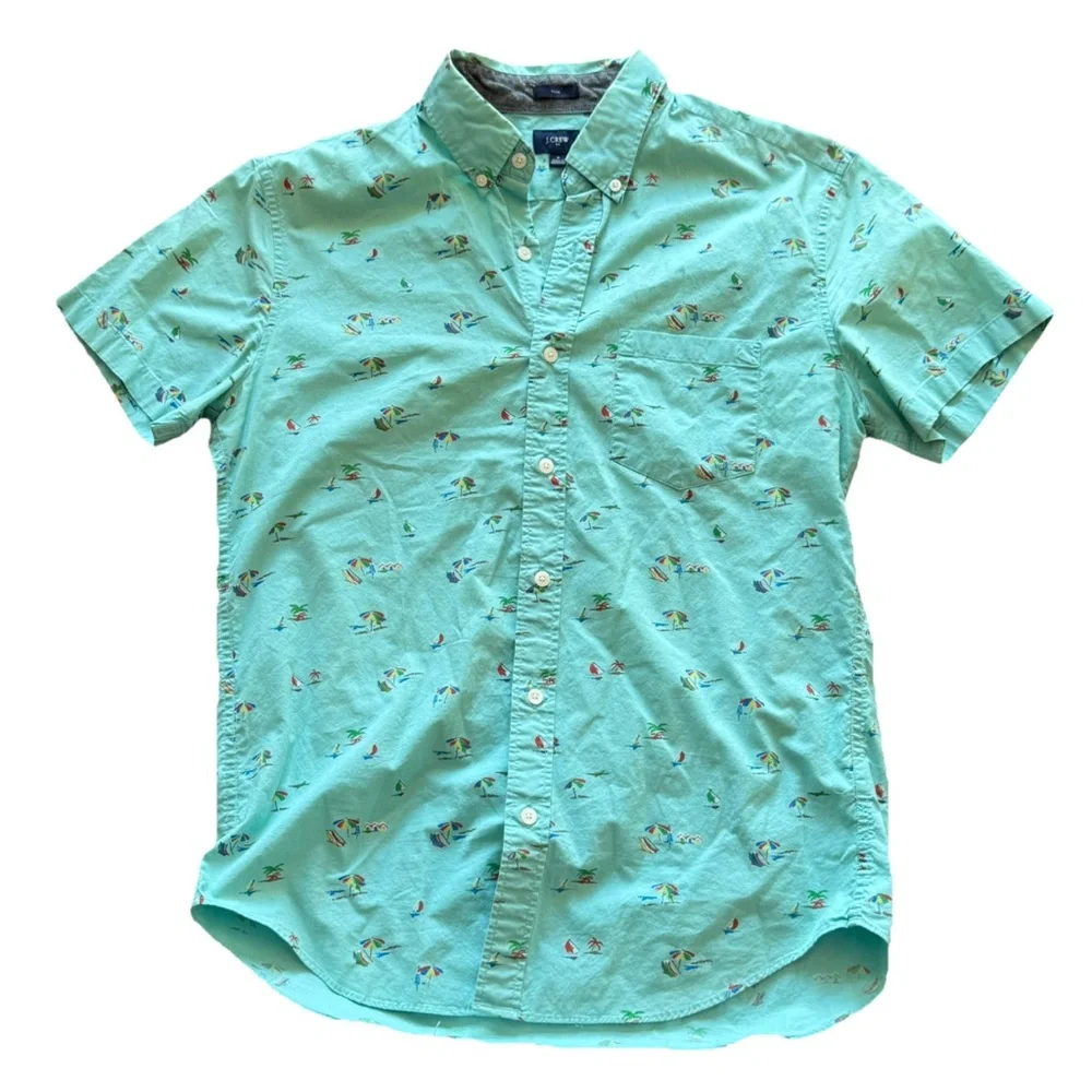 J.Crew Men's Slim Fit Beach Umbrella Print Short Sleeve Button-Down Shirt Medium